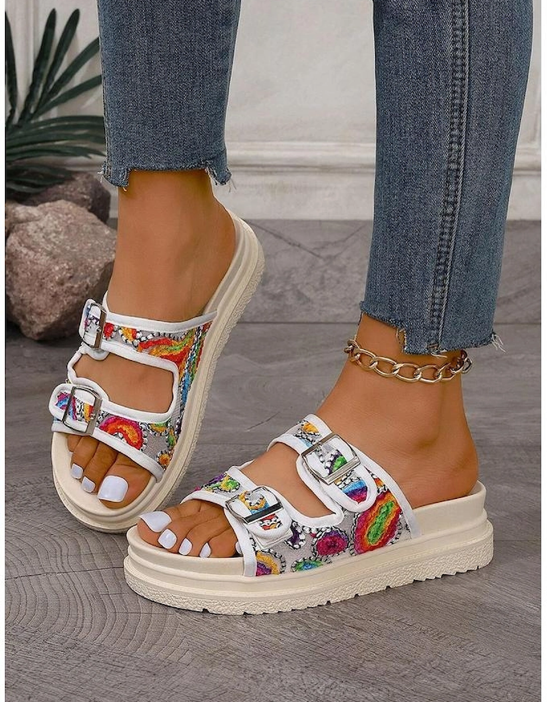 White Crochet Cut Out Buckle Strap Thick Sole Slippers, 5 of 4