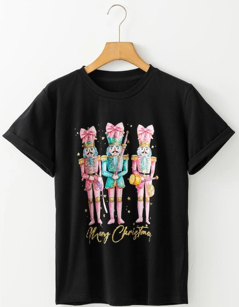Black Nutcracker Merry Christmas Printed Crewneck T Shirt