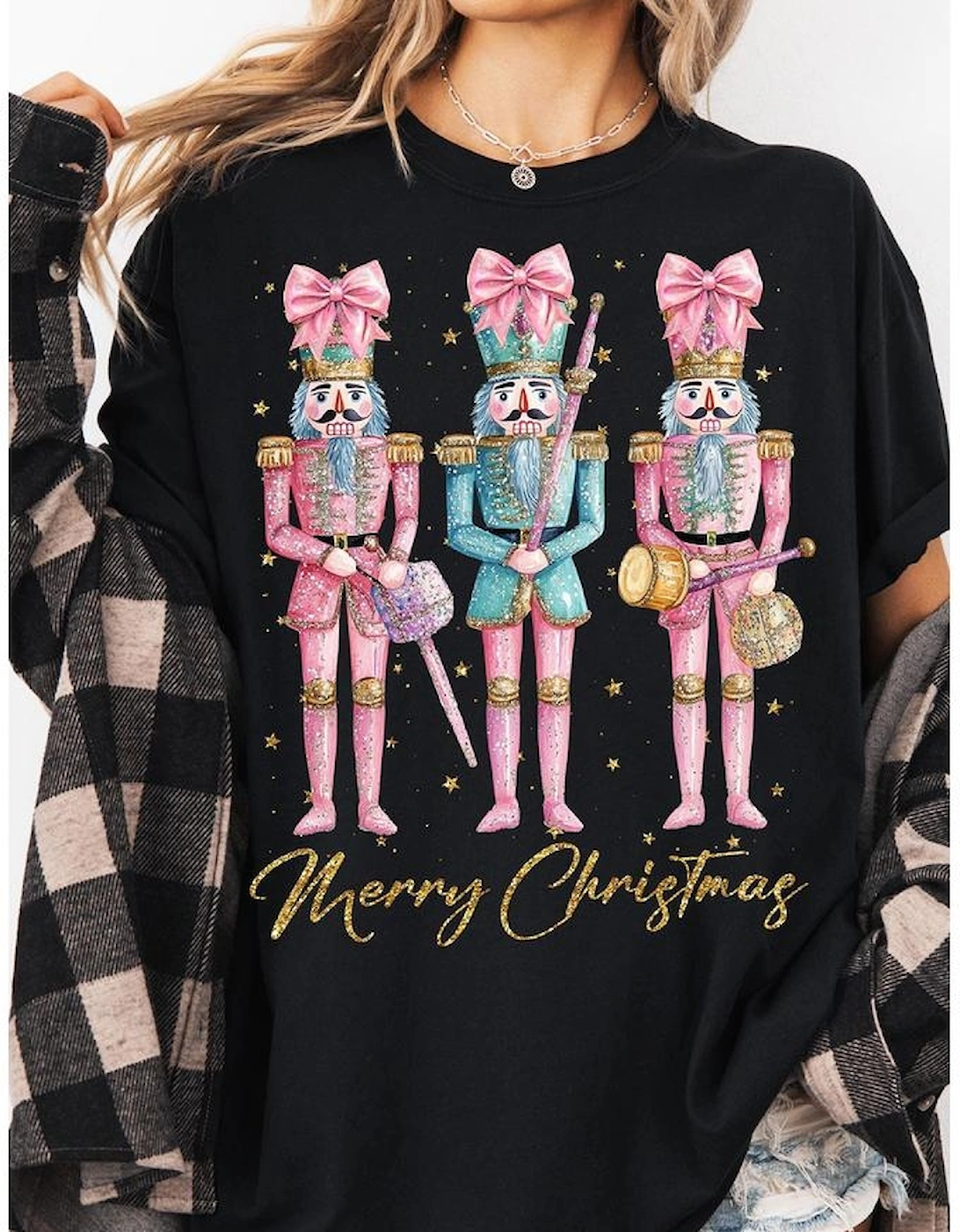 Black Nutcracker Merry Christmas Printed Crewneck T Shirt