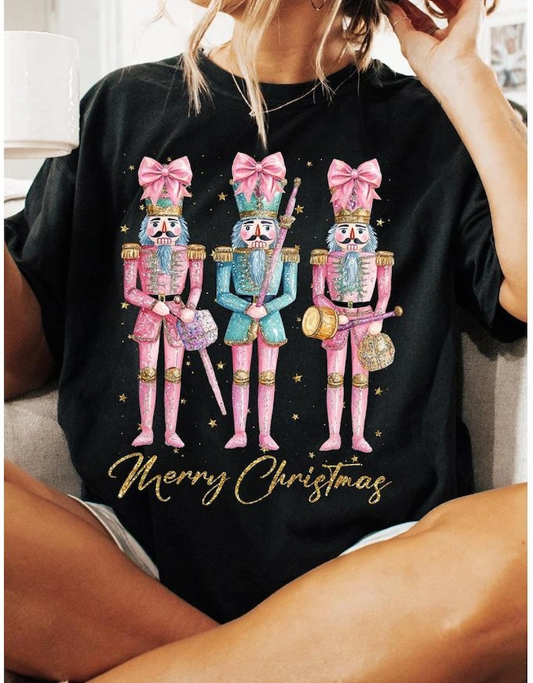 Black Nutcracker Merry Christmas Printed Crewneck T Shirt
