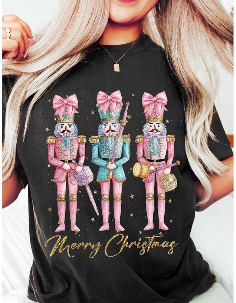 Black Nutcracker Merry Christmas Printed Crewneck T Shirt