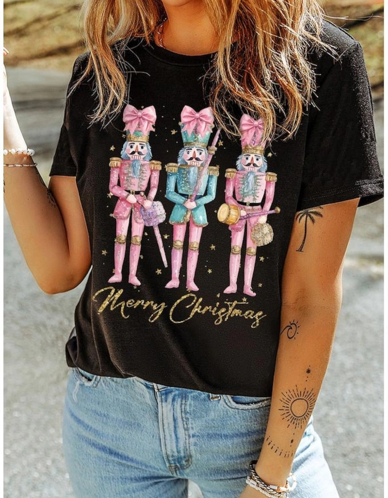 Black Nutcracker Merry Christmas Printed Crewneck T Shirt