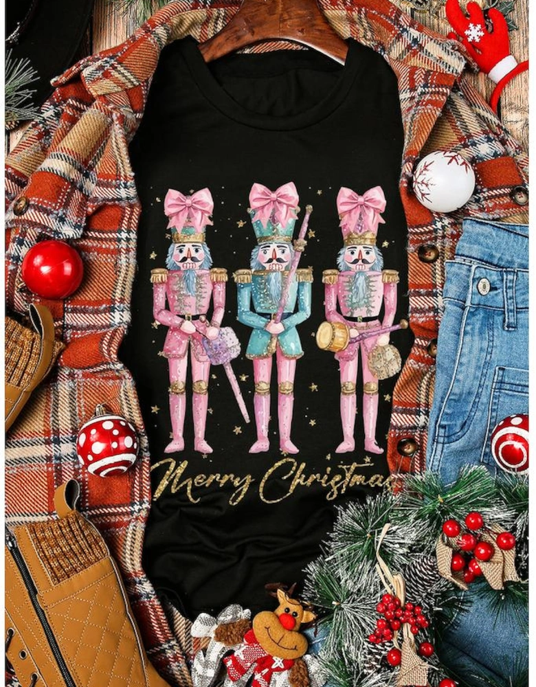 Black Nutcracker Merry Christmas Printed Crewneck T Shirt
