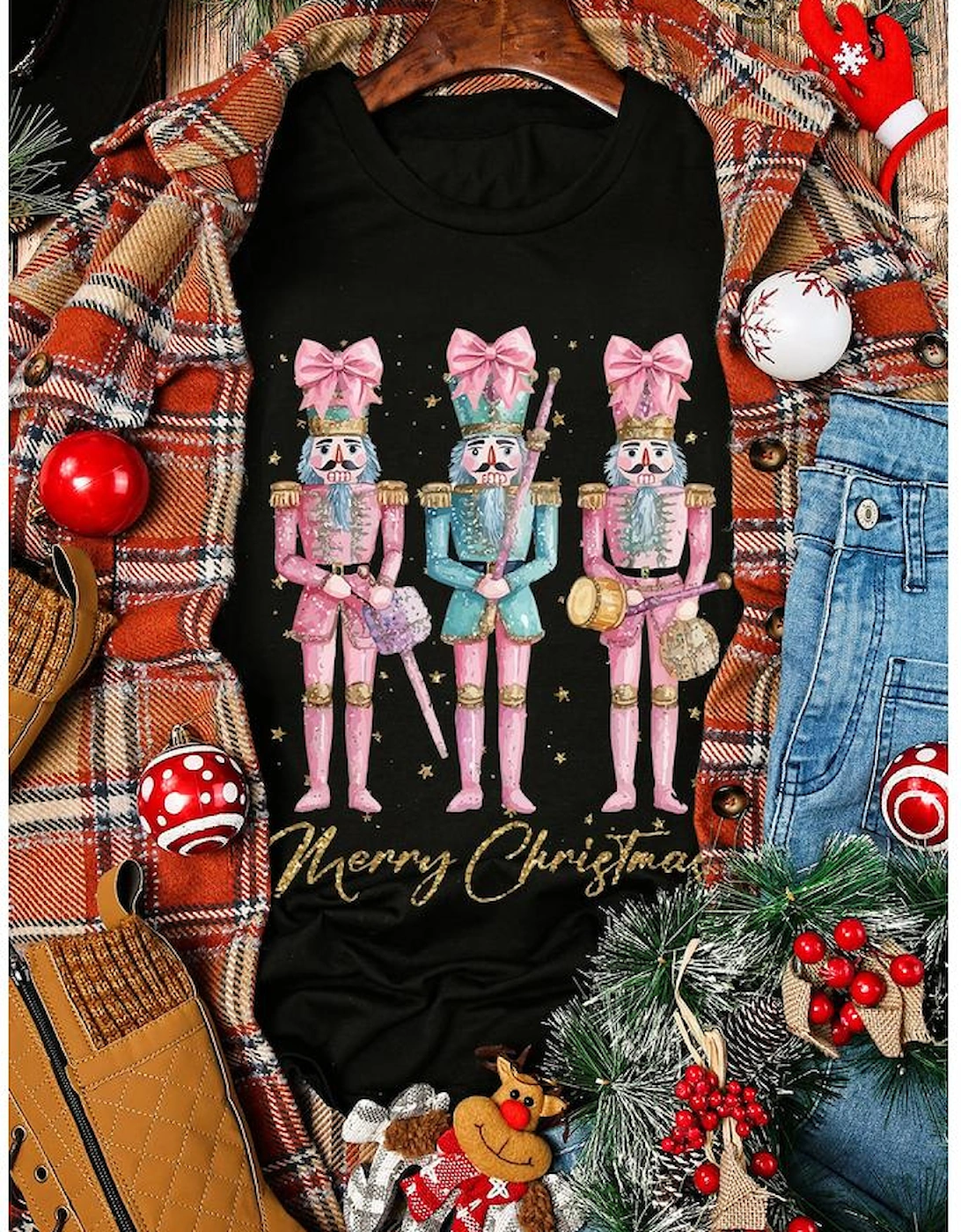 Black Nutcracker Merry Christmas Printed Crewneck T Shirt