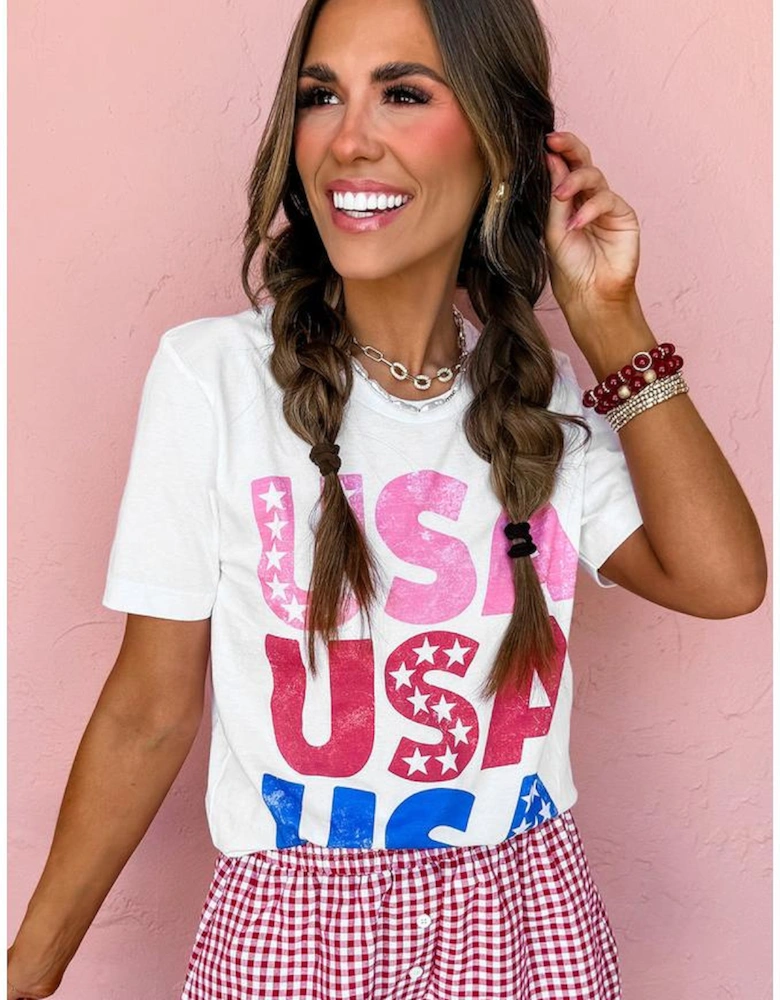 White USA Starry Letter Graphic Cotton Blend T Shirt