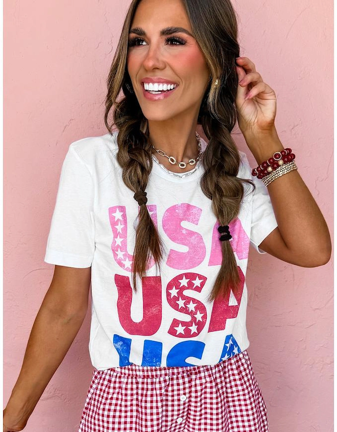 White USA Starry Letter Graphic Cotton Blend T Shirt