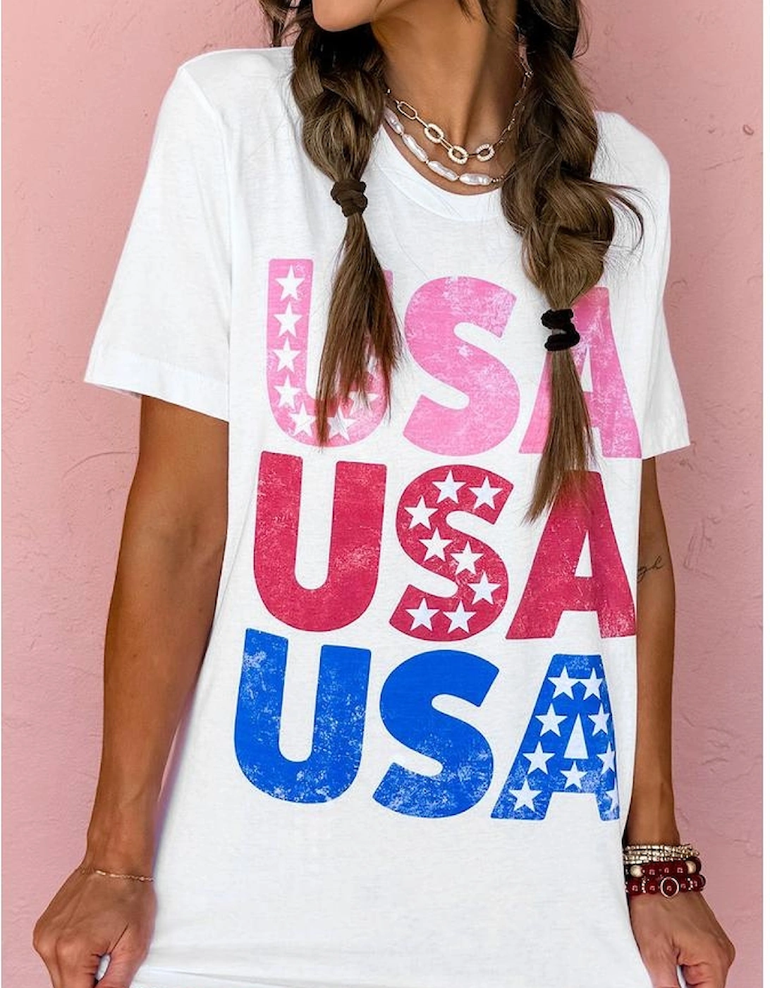 White USA Starry Letter Graphic Cotton Blend T Shirt