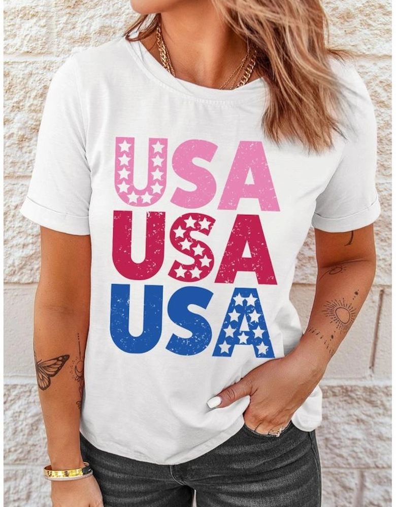 White USA Starry Letter Graphic Cotton Blend T Shirt