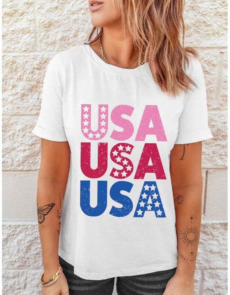 White USA Starry Letter Graphic Cotton Blend T Shirt