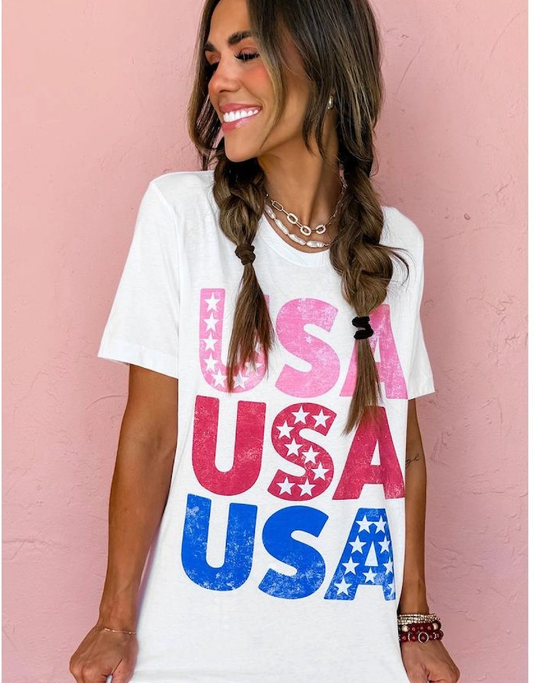 White USA Starry Letter Graphic Cotton Blend T Shirt