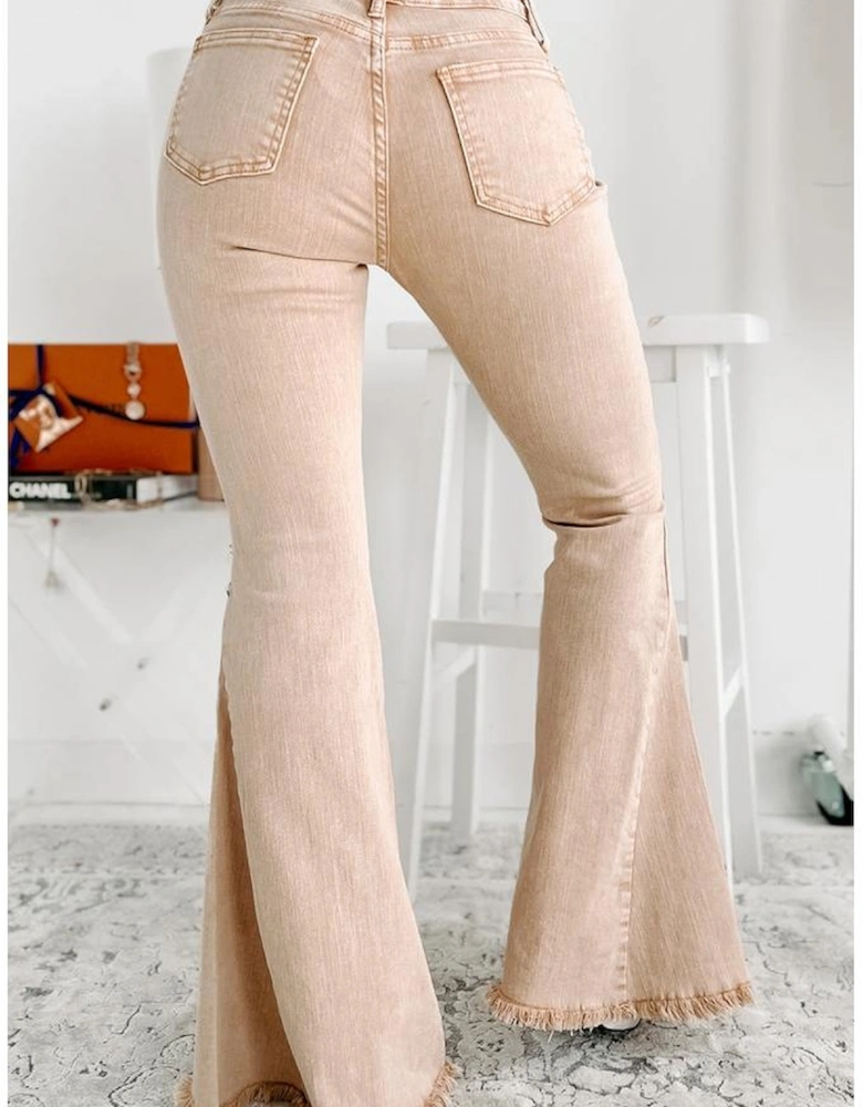 Khaki Raw Edge Mid Waist Flared Jeans