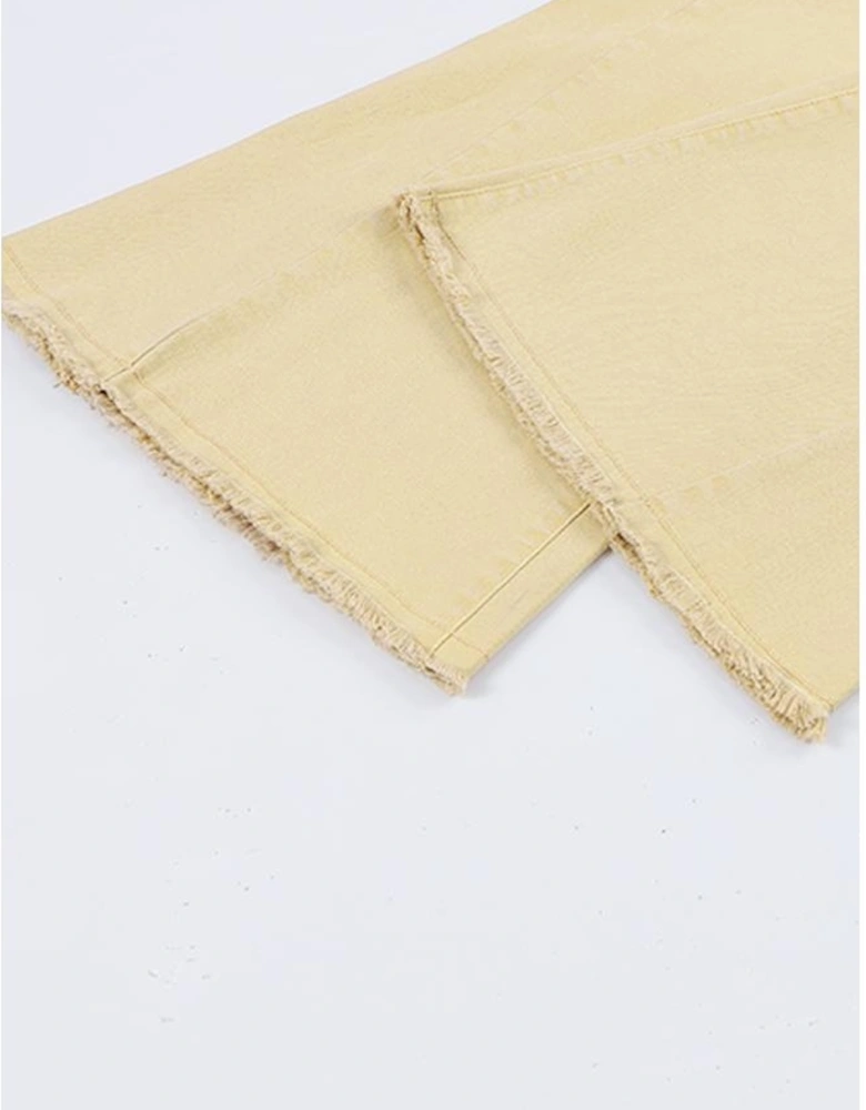 Khaki Raw Edge Mid Waist Flared Jeans