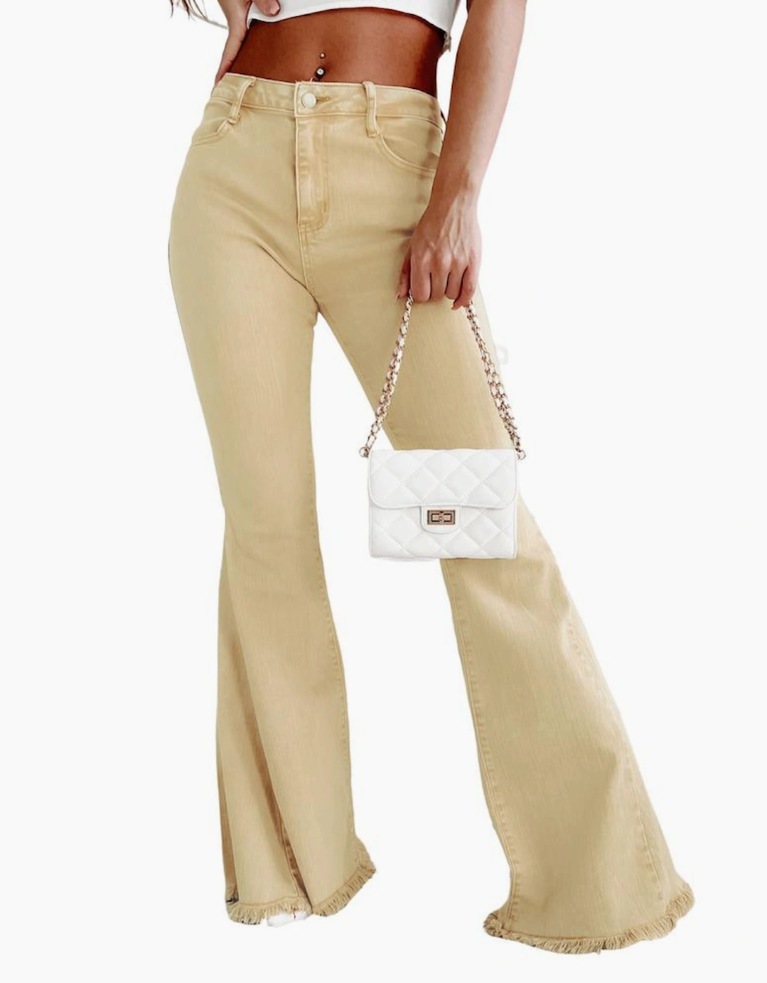 Khaki Raw Edge Mid Waist Flared Jeans