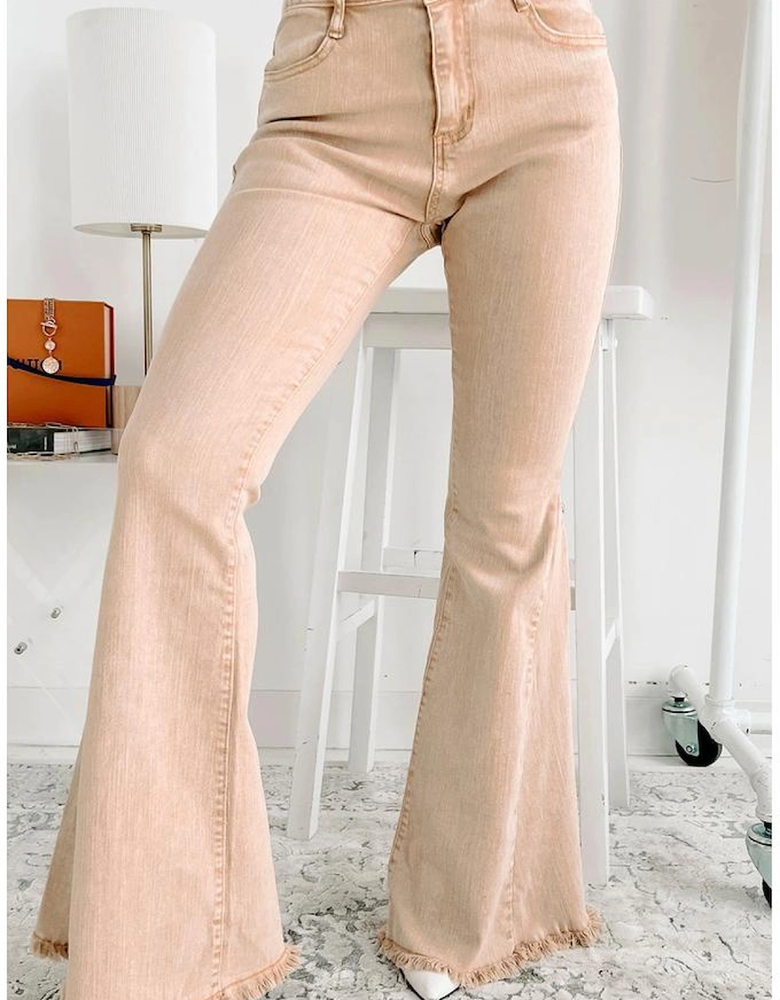 Khaki Raw Edge Mid Waist Flared Jeans, 14 of 13