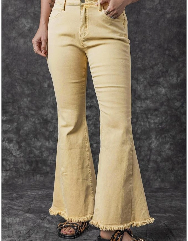 Khaki Raw Edge Mid Waist Flared Jeans