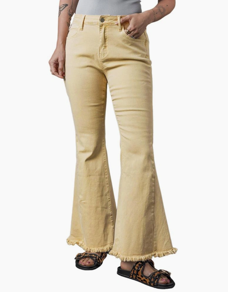 Khaki Raw Edge Mid Waist Flared Jeans