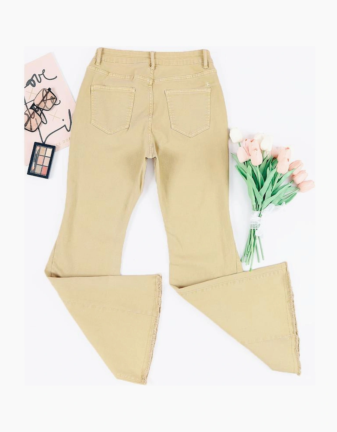 Khaki Raw Edge Mid Waist Flared Jeans