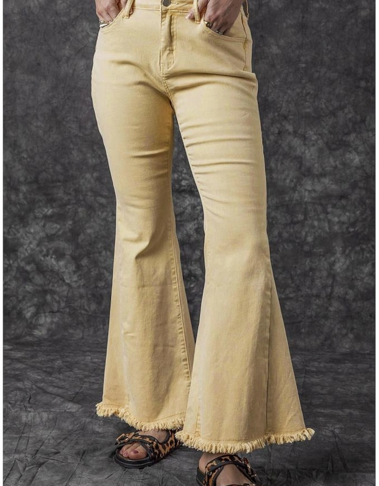 Khaki Raw Edge Mid Waist Flared Jeans
