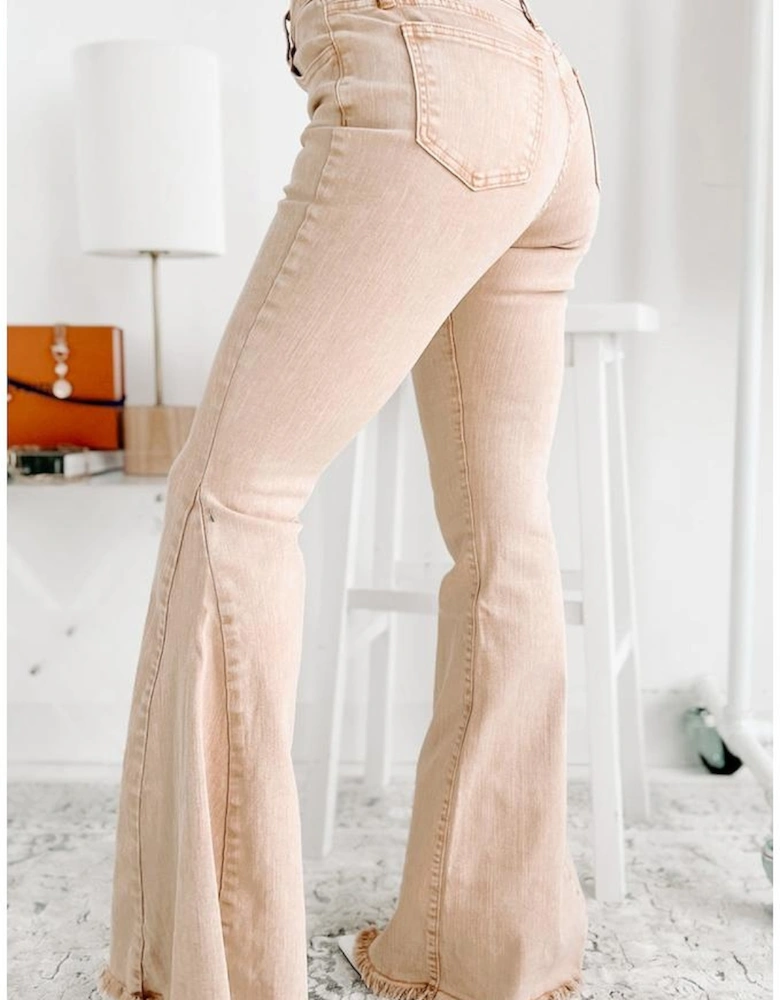 Khaki Raw Edge Mid Waist Flared Jeans