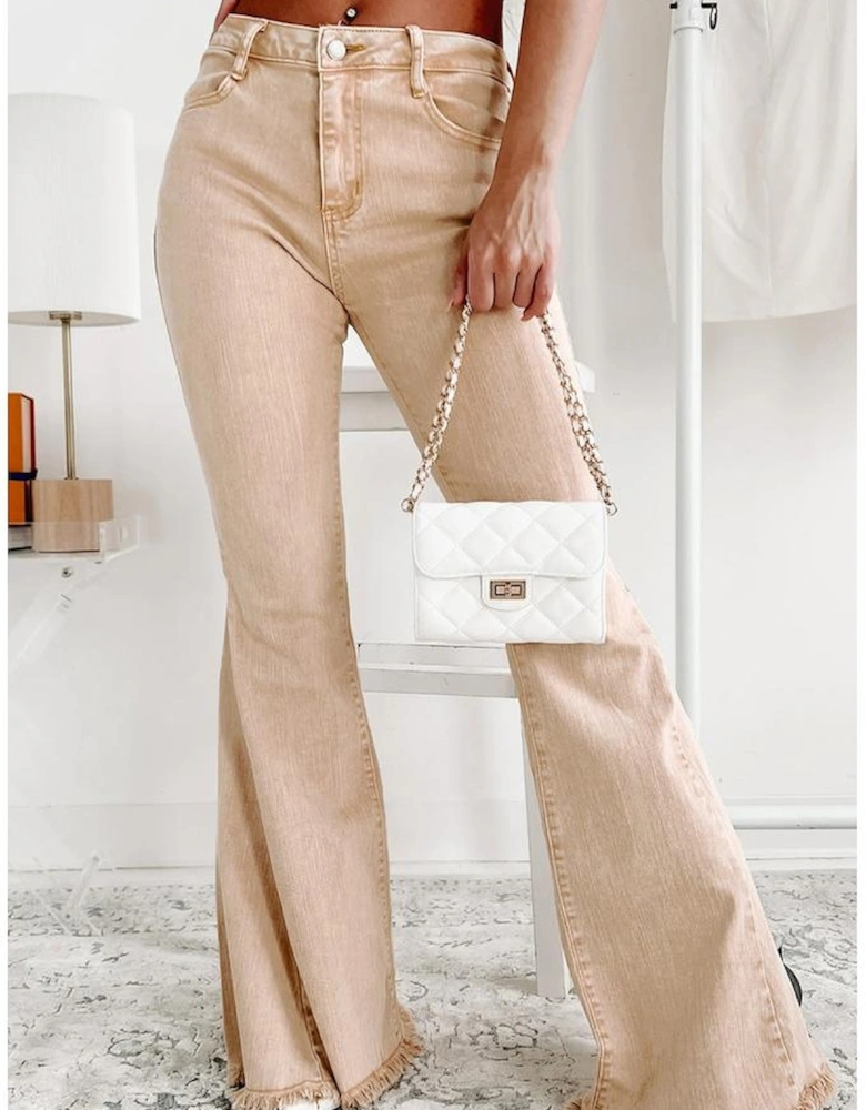 Khaki Raw Edge Mid Waist Flared Jeans