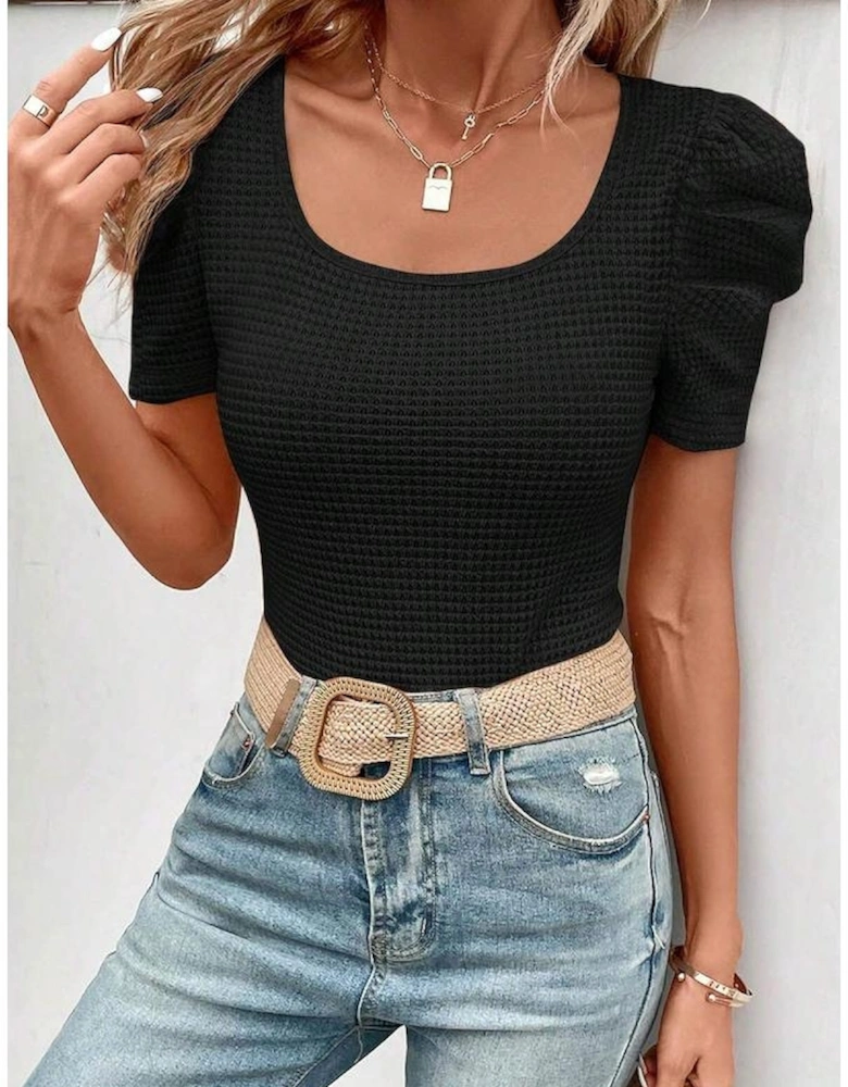 Black Waffle Knit Ruched Puff Sleeve Top