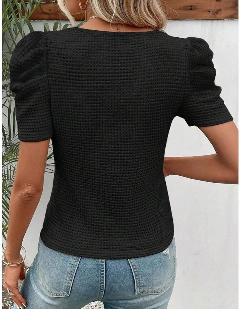 Black Waffle Knit Ruched Puff Sleeve Top