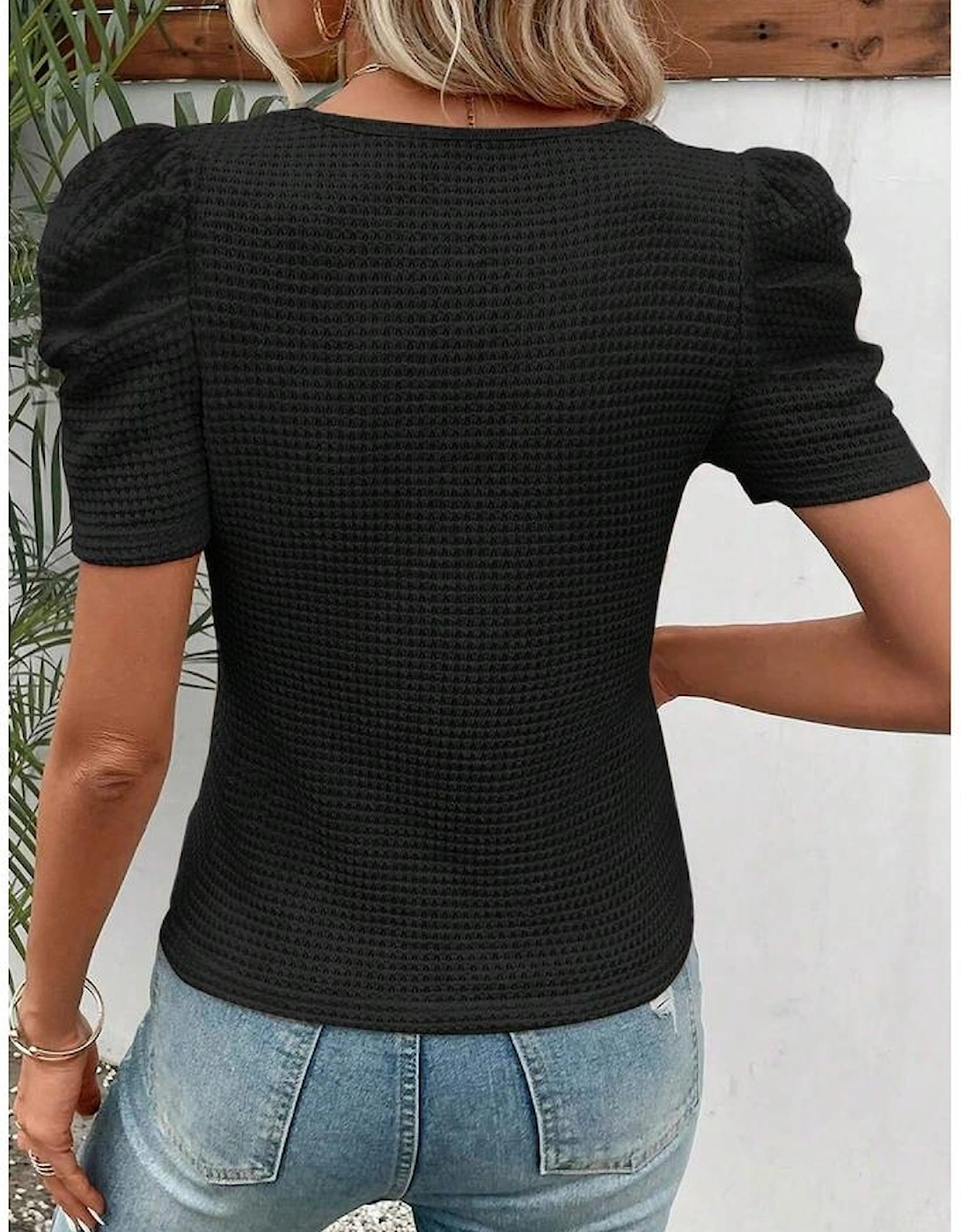Black Waffle Knit Ruched Puff Sleeve Top