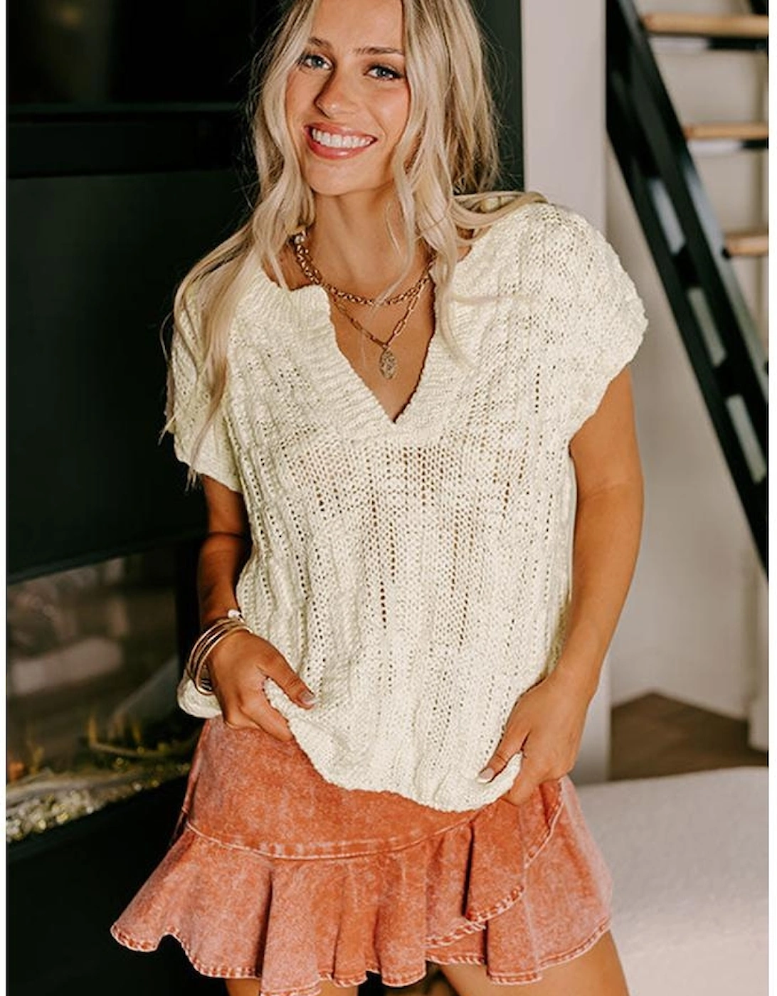 Beige Notched V Neck Short Sleeve Sweater