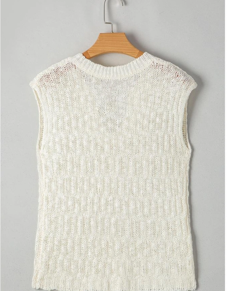 Beige Notched V Neck Short Sleeve Sweater