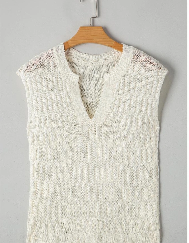 Beige Notched V Neck Short Sleeve Sweater