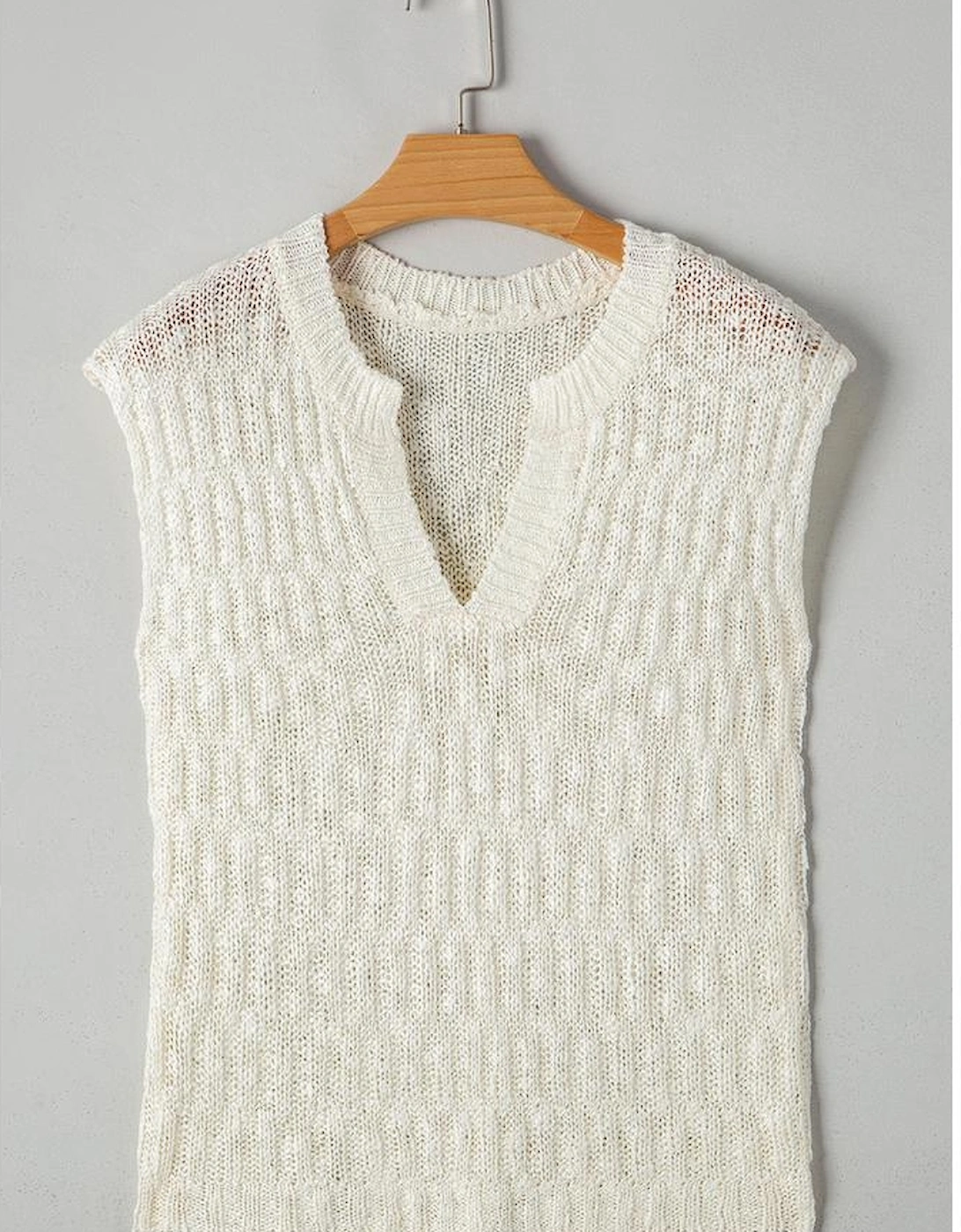 Beige Notched V Neck Short Sleeve Sweater