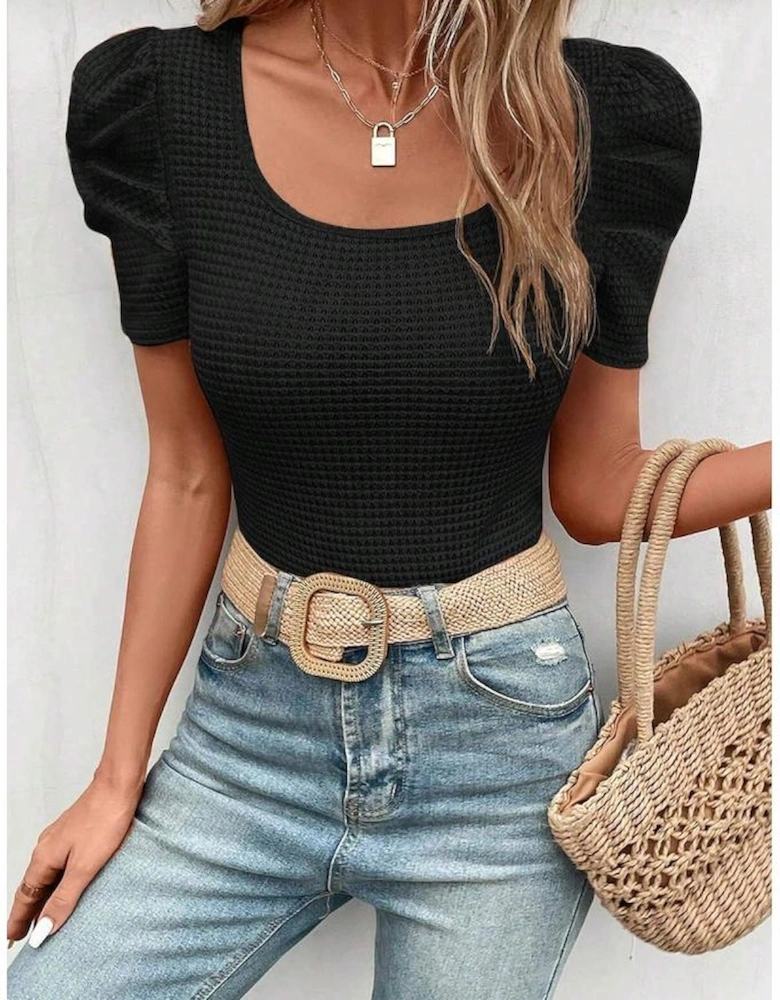 Black Waffle Knit Ruched Puff Sleeve Top