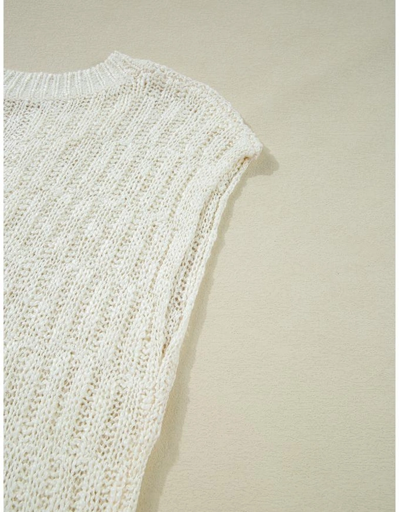 Beige Notched V Neck Short Sleeve Sweater