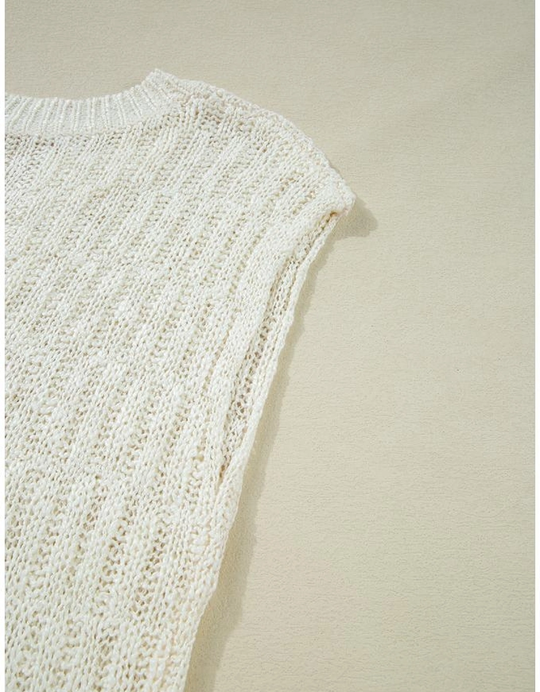 Beige Notched V Neck Short Sleeve Sweater