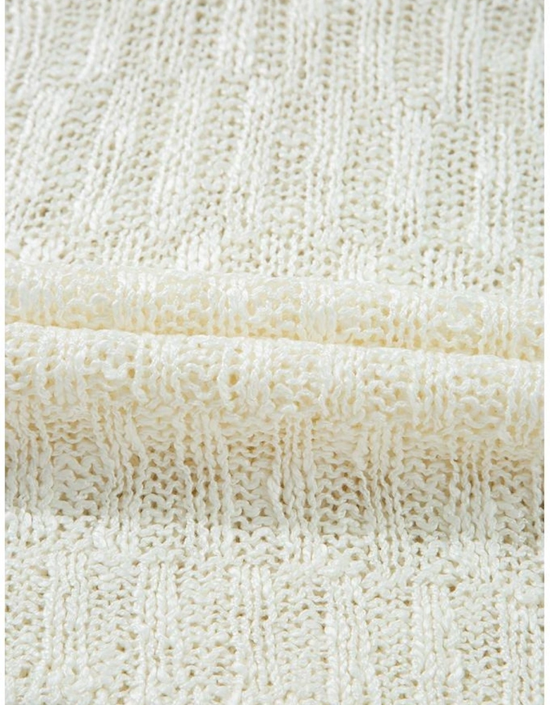 Beige Notched V Neck Short Sleeve Sweater