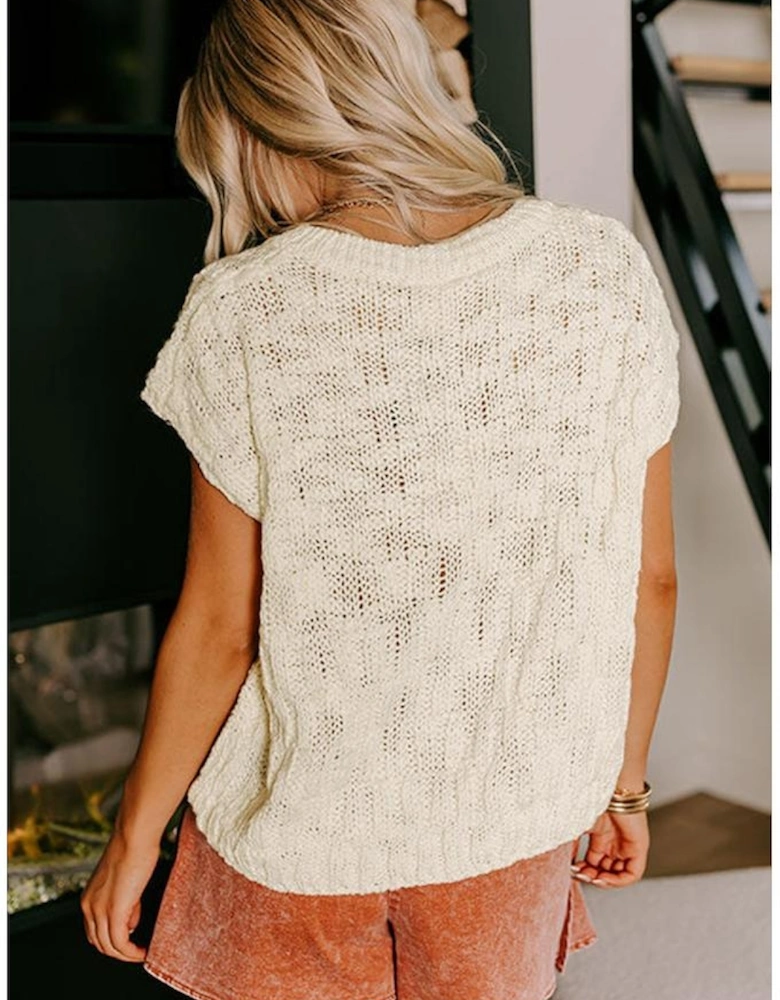Beige Notched V Neck Short Sleeve Sweater