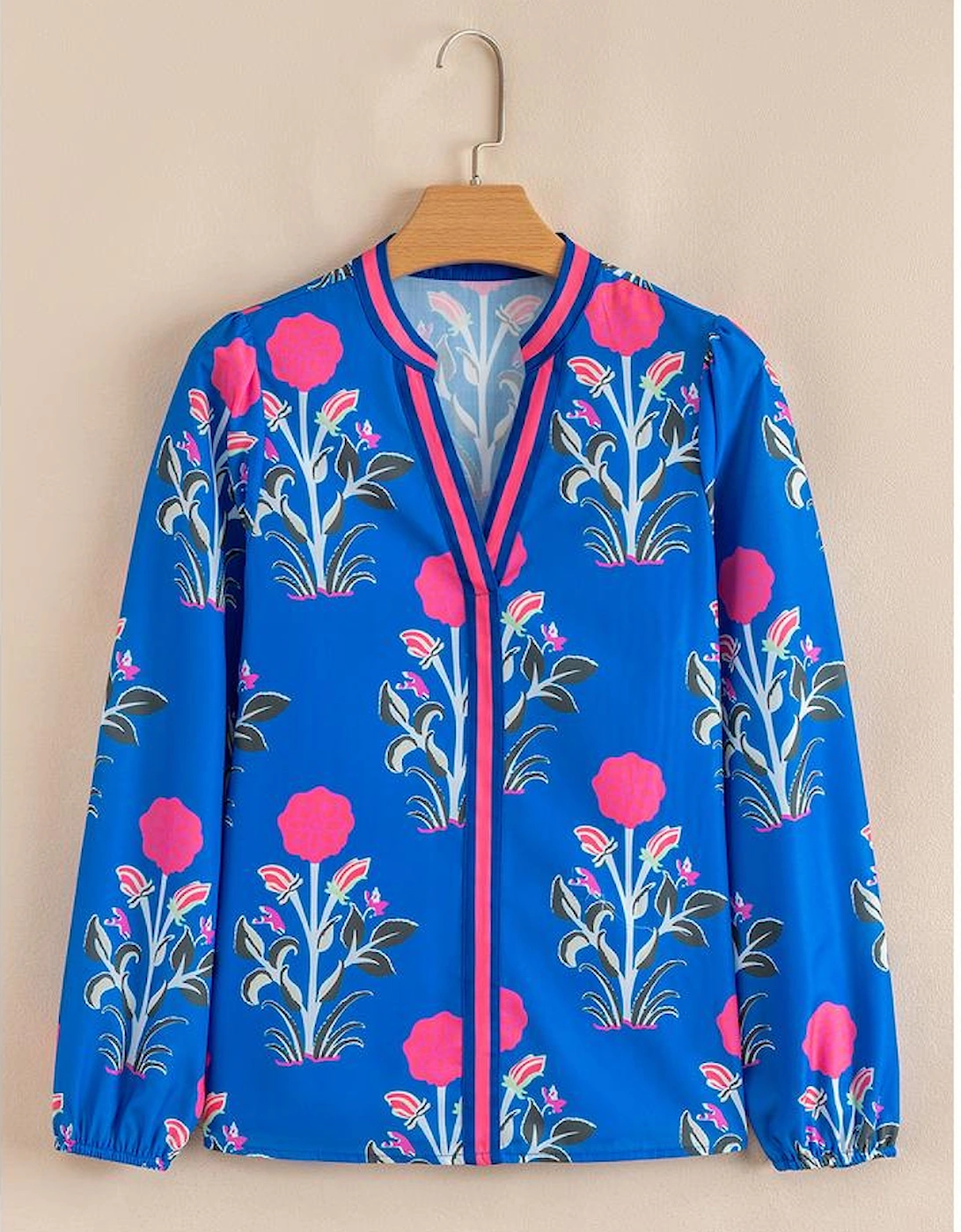 Blue Floral Print Contrast Striped Trim Notched Neck Long Sleeve Blouse