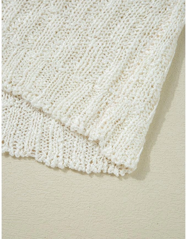 Beige Notched V Neck Short Sleeve Sweater