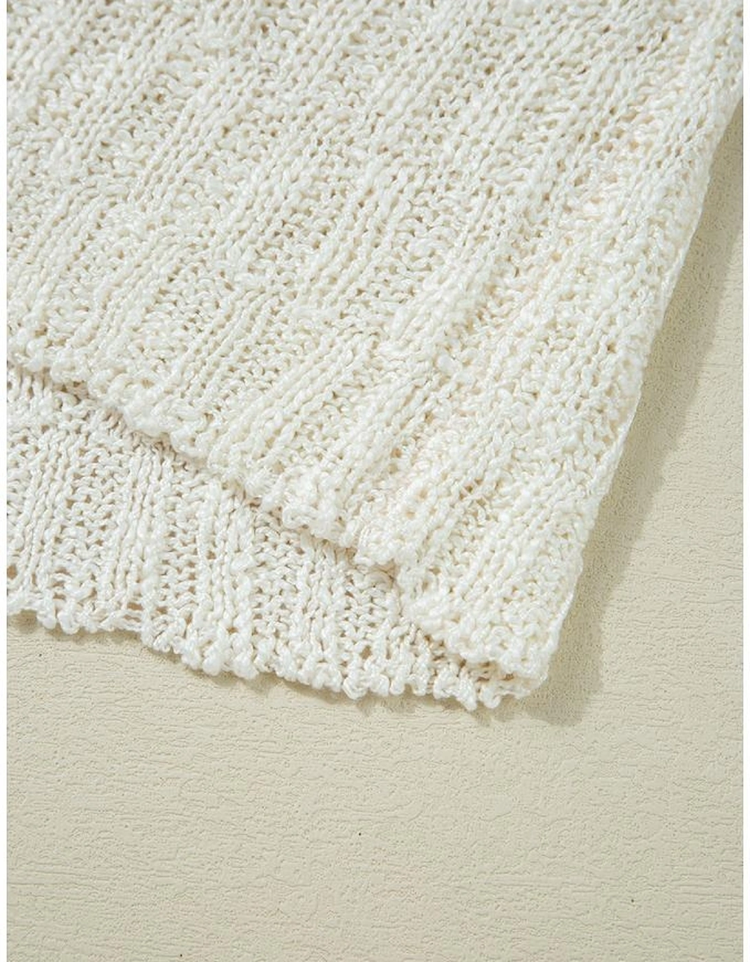 Beige Notched V Neck Short Sleeve Sweater