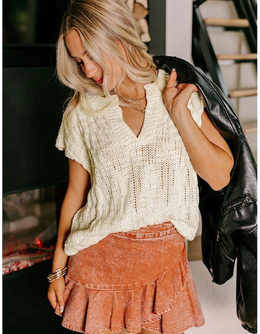 Beige Notched V Neck Short Sleeve Sweater