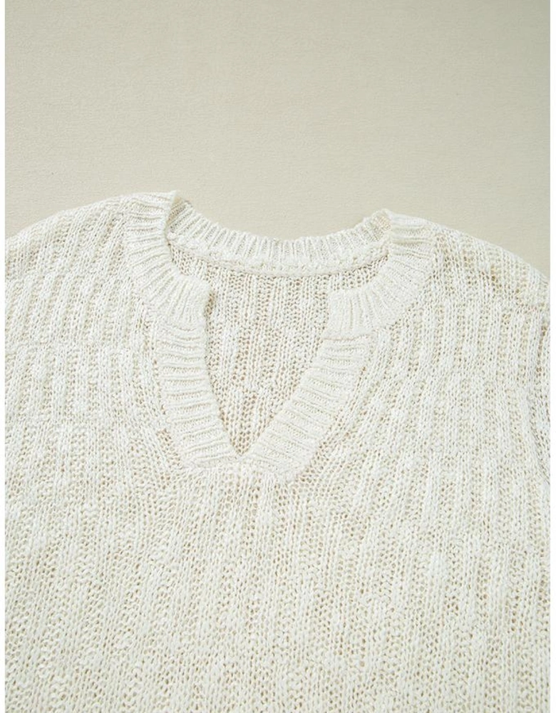 Beige Notched V Neck Short Sleeve Sweater