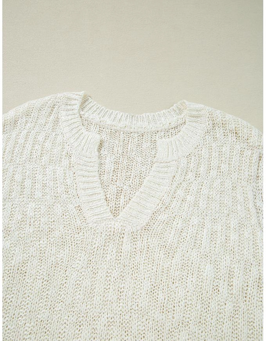 Beige Notched V Neck Short Sleeve Sweater