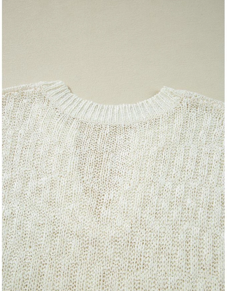 Beige Notched V Neck Short Sleeve Sweater
