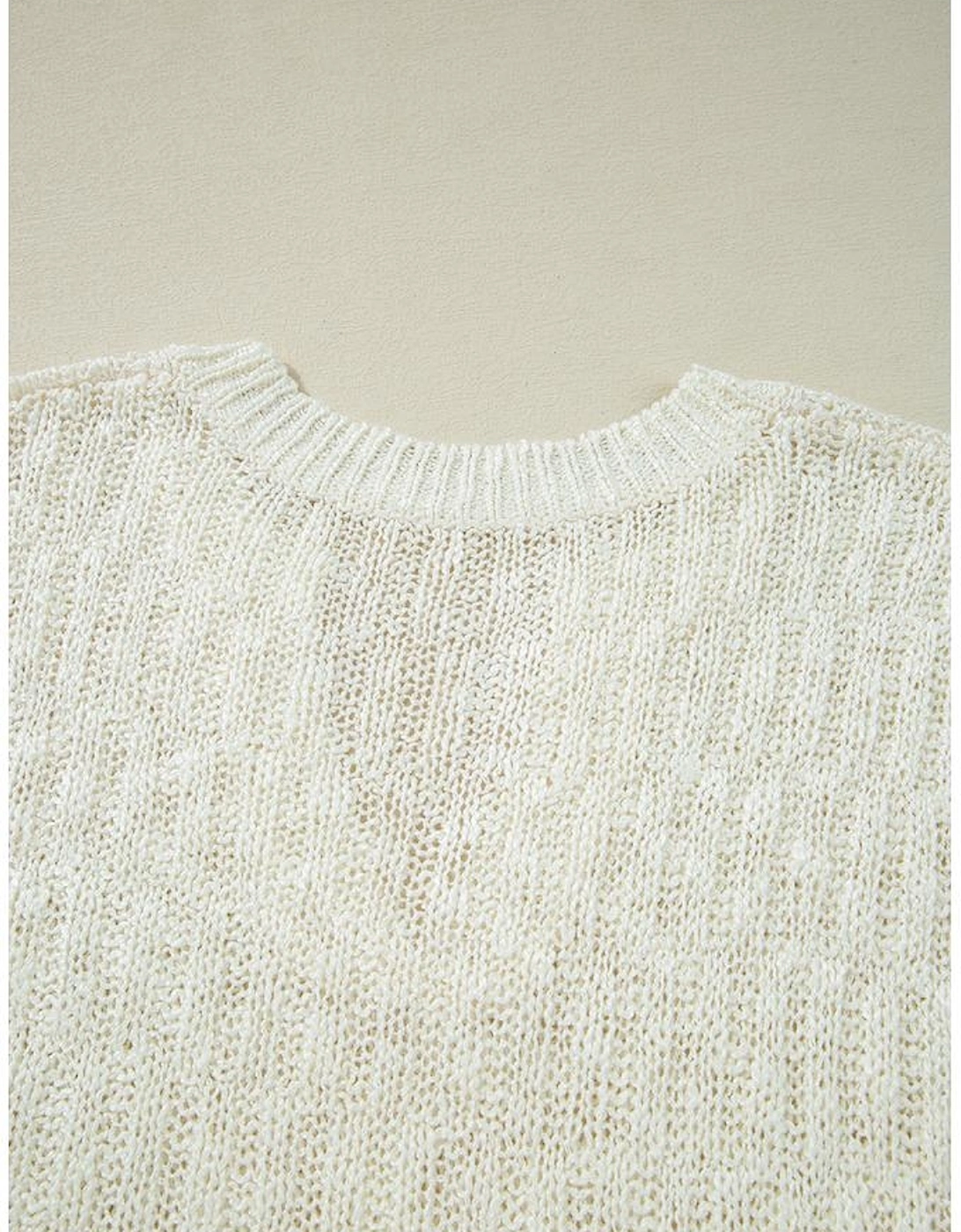 Beige Notched V Neck Short Sleeve Sweater
