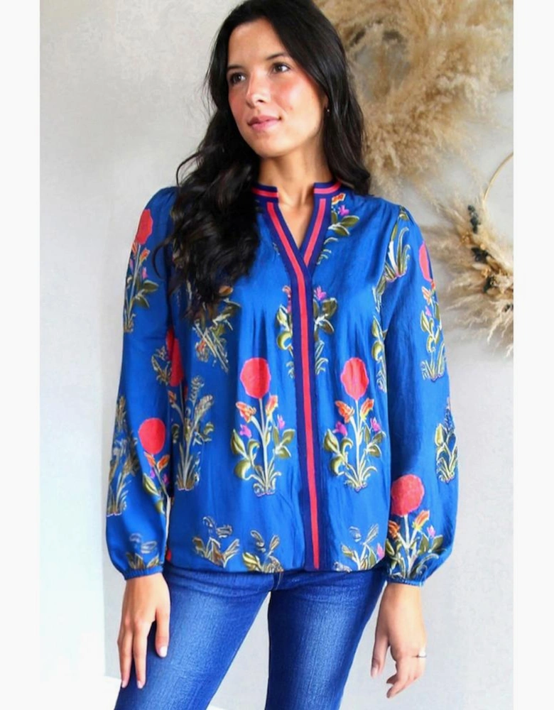 Blue Floral Print Contrast Striped Trim Notched Neck Long Sleeve Blouse