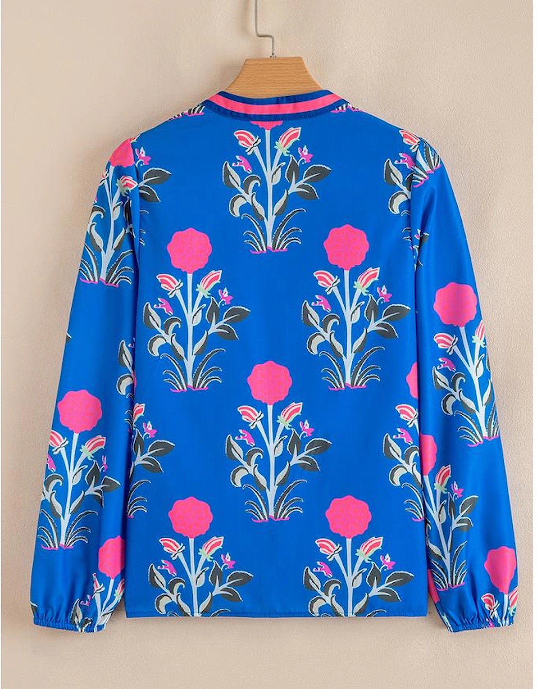 Blue Floral Print Contrast Striped Trim Notched Neck Long Sleeve Blouse