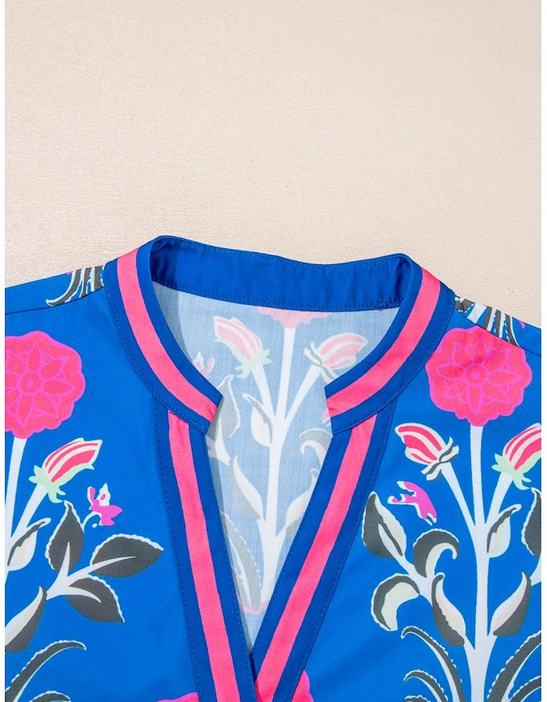 Blue Floral Print Contrast Striped Trim Notched Neck Long Sleeve Blouse