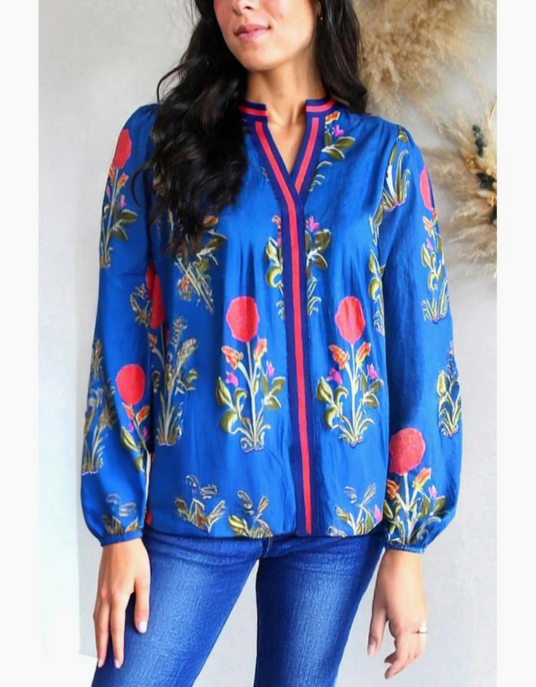 Blue Floral Print Contrast Striped Trim Notched Neck Long Sleeve Blouse