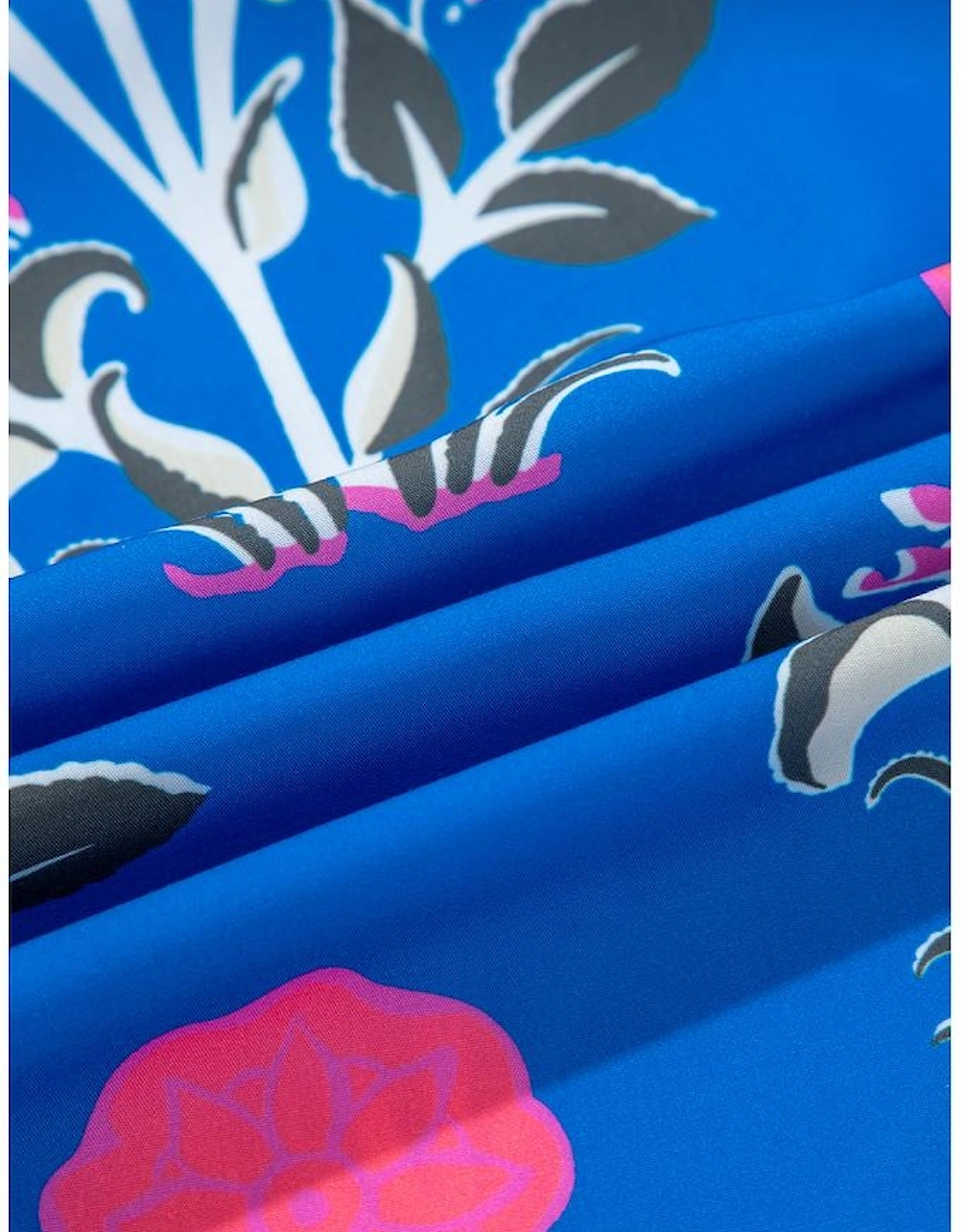 Blue Floral Print Contrast Striped Trim Notched Neck Long Sleeve Blouse