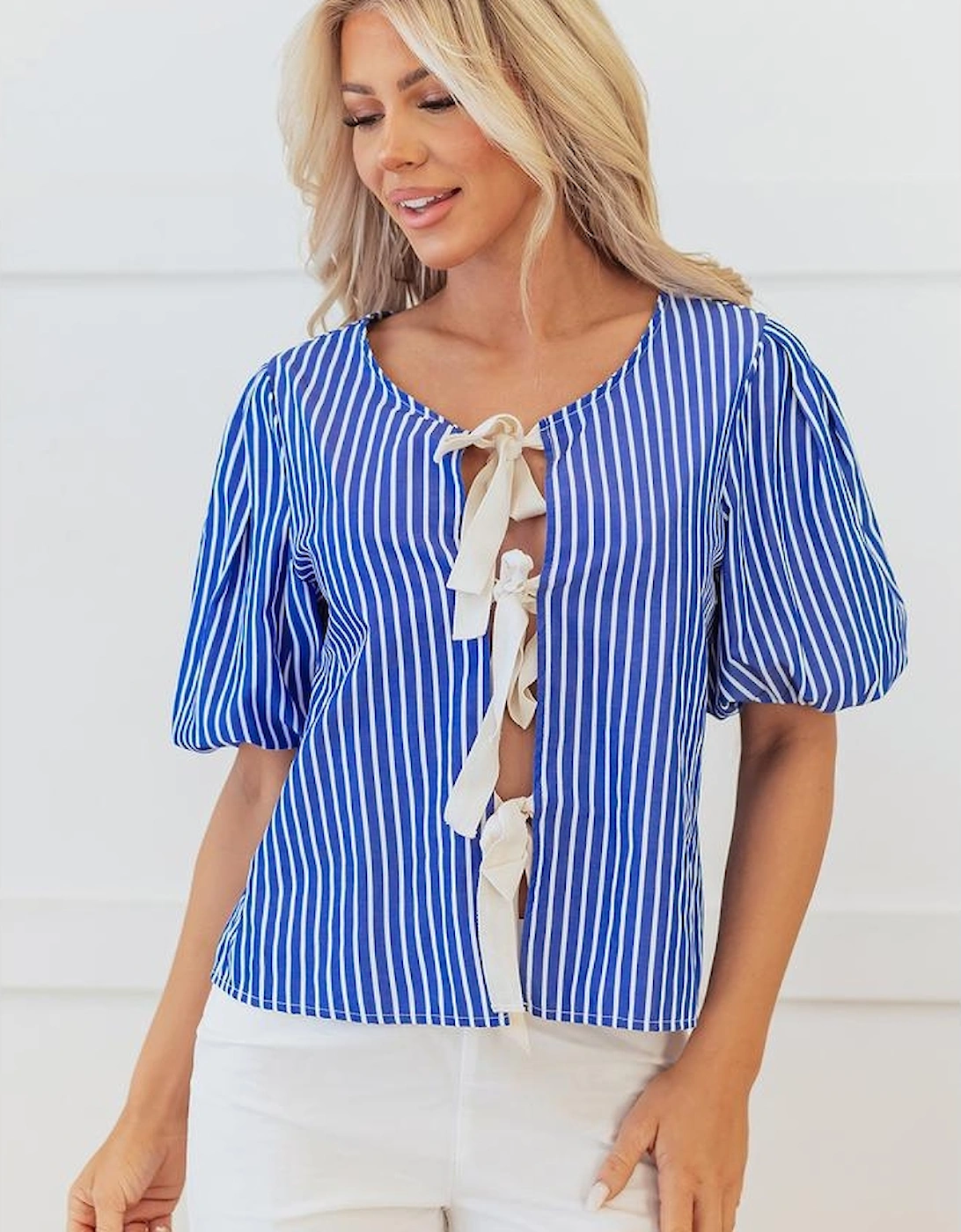 Blue Stripe Tied Front Puff Short Sleeve Blouse